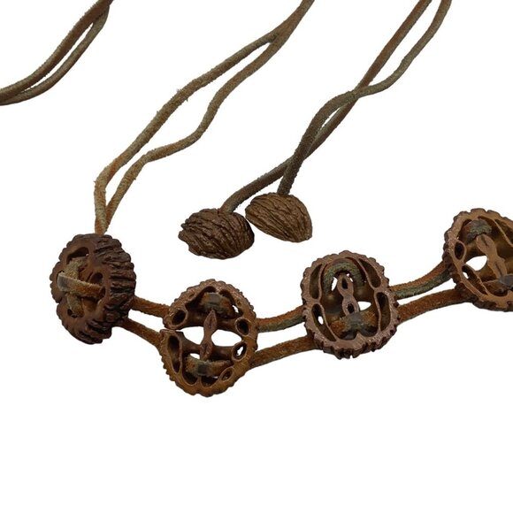 Vtg Boho Carved Walnut Shell Leather Belt Cord Handmade Folk Art 56\
